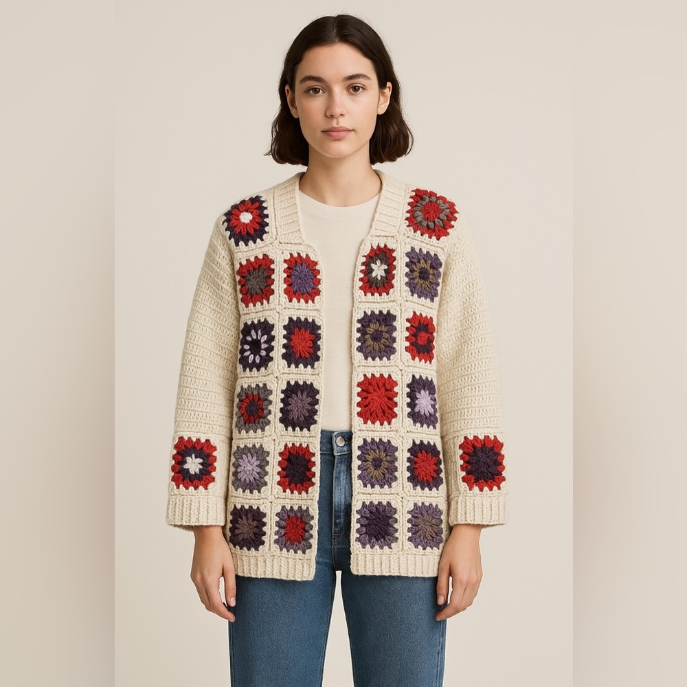 Crochet Granny Square Knit Oversized Cardigan Sweater Bode Inspired Medium/Large - Picture 2 of 16